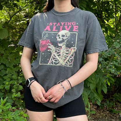 Staying Alive Skeleton Coffee T-Shirt