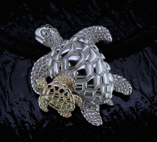 14K/SS Mother Baby Turtle Pendant